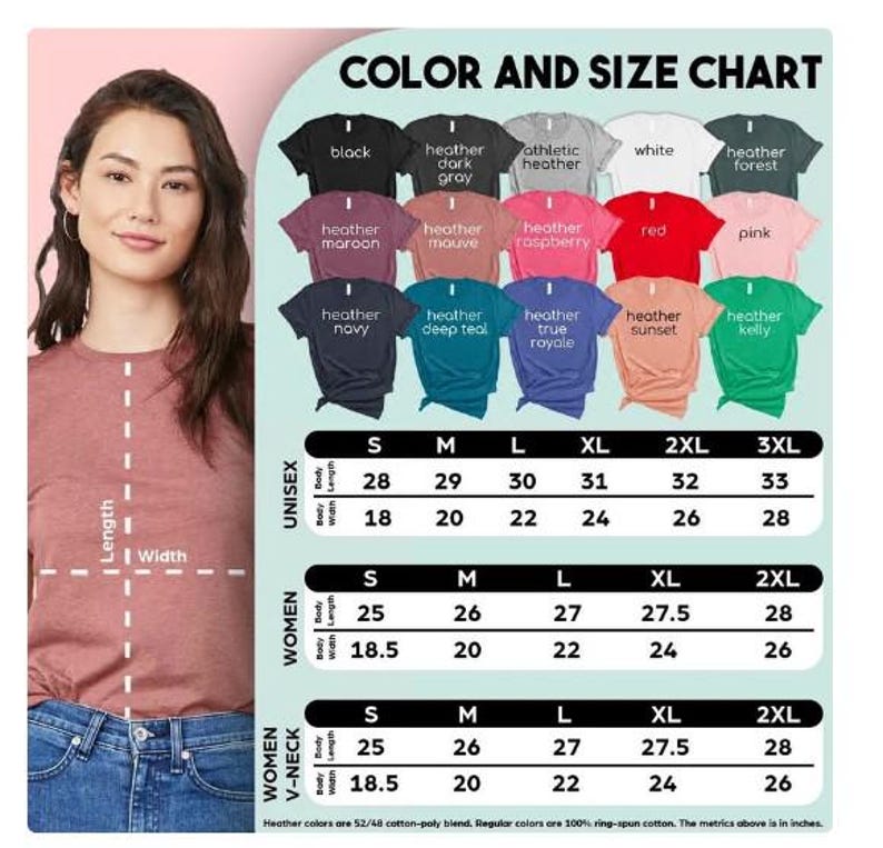 May include: A color and size chart for t-shirts, featuring various colors like black, navy, and red. The chart includes unisex, women's, and women's V-neck sizes, with measurements in inches. The chart also shows the body width and length for each size.