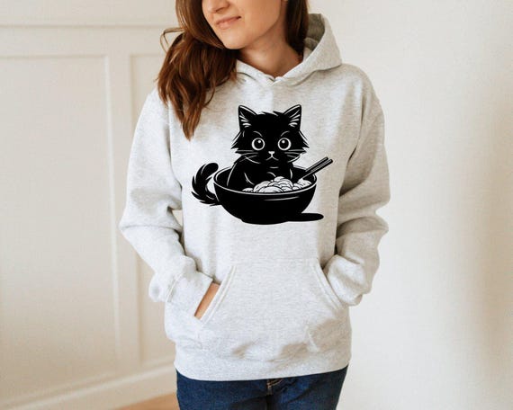 Noodle Cat Hoodie Black Cat Hoodie, Ramen Cat Hoodie, Cat Lover Gift, Kawaii Hoodie, Foodie Lover Hoodie, Anime Cat Hoodie