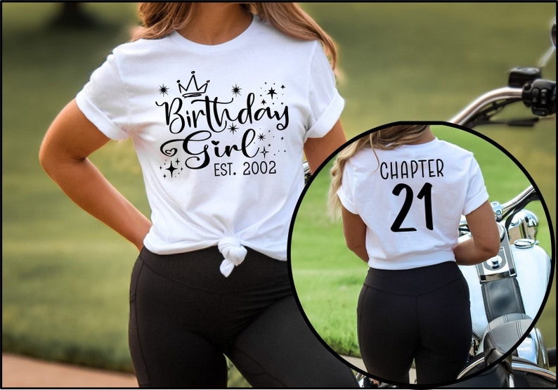 Puede incluir: Camiseta blanca con texto negro que dice "Birthday Girl Est. 2002" y un gr&aacute;fico de corona. Una segunda camiseta blanca con texto negro que dice "Chapter 21".