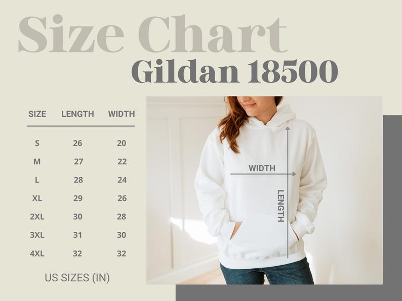 Op de afbeelding: Maattabel voor Gildan 18500 hoodies, met afmetingen in inches. De tabel bevat maten S tot 4XL, met bijbehorende lengtes en breedtes. Een persoon draagt een witte hoodie, met pijlen die de lengte- en breedtematen aangeven.