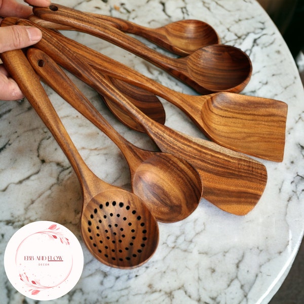 Cooking Spatula Set for Kitchen, Long Handle Spatula with Non Stick Design, Unique Wooden Spoons, Seven Pieces Kitchen Utensils Set for Home