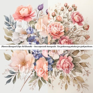 Buquês de flores, pacote de dois, aquarela floral, fundo transparente, clipart, flores multicoloridas, scrapbooking, download digital