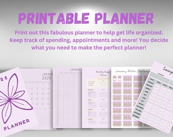 May include: A collection of printable planner pages in shades of purple and white. The text "PRINTABLE PLANNER" is at the top. The pages include a calendar, budget planner, and savings tracker. The text on the pages includes "January" and "2025".