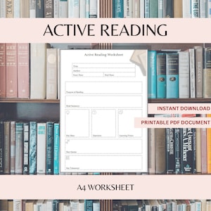 May include: A printable active reading worksheet with sections for title, author, start and end dates, purpose of reading, brief summary, key ideas, questions, learning points, best quotes, and key takeaways. The worksheet is designed for A4 paper.