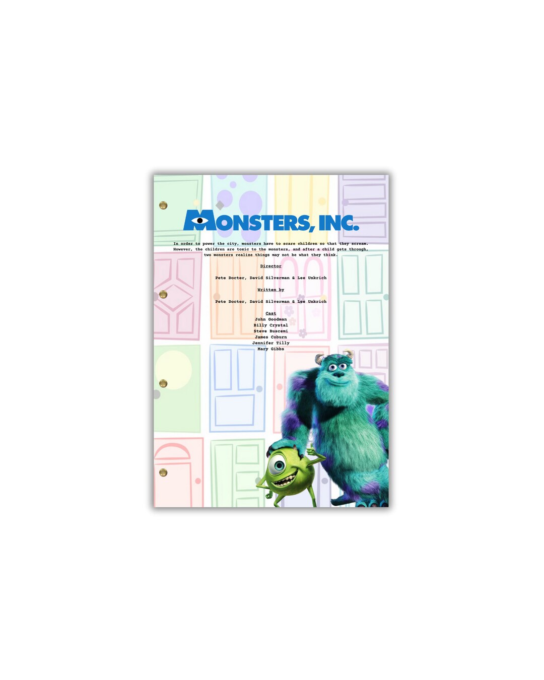 Monsters Inc Pixar Script/screenplay - Etsy