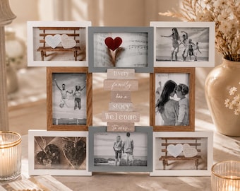 May include: A multi-opening collage picture frame featuring a mix of white, gray, and natural wood finishes. The center vertical column displays the text "Every family has a story Welcome to ours..." across five stacked wooden blocks.