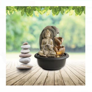 Tabletop LED Indoor Fountain with Buddha on Rock & Ponds – Tranquil Zen Décor
