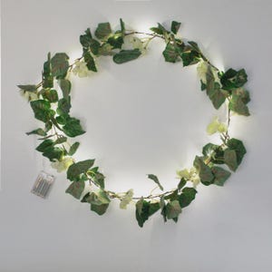 Fairy Lights LED Garland with Green Leaves and White Flowers, Fairy LED Decor