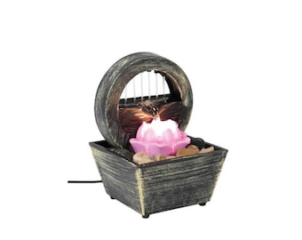 LED-Tisch-Zimmerbrunnen mit Blume und Steinen - Entspannendes Wasserspiel