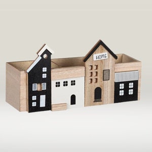 Porte-stylos de bureau, porte-stylos en bois avec 3 compartiments et façades de maison, décoration de bureau