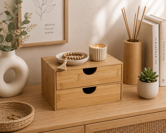 Holzkommode mit 2 Schubladen, Kleiner Bambusschrank, Schreibtisch Organizer