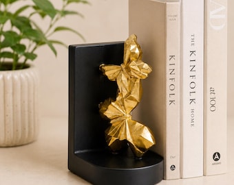 Sujetalibros negro con mariposas doradas, decoración para estantes
