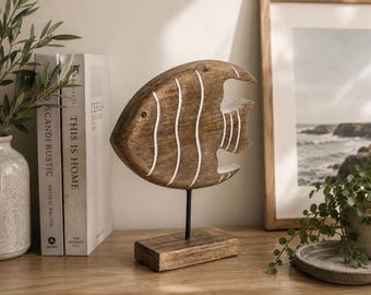Wooden Fish Sculpture on Stand, Coastal Table Decor, Nautical Fish Ornament