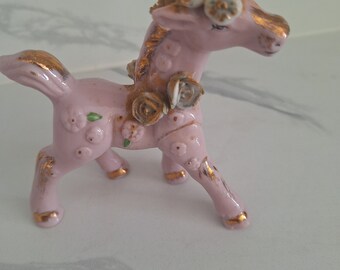 Vintage Pink Horse Figurine with Gold Accents and Raised Flowers Made in Japan  Ceramic   Pre Owned