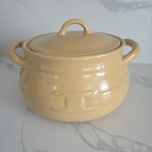 May include: A light yellow ceramic cooking pot with a matching lid. The pot has two side handles and a loop handle on the lid. The pot has a textured, ridged design around the body.