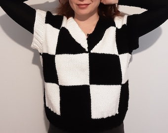 Hand- knitted Wednesday Addams Jenna Vest Black and White Blocked Sweater