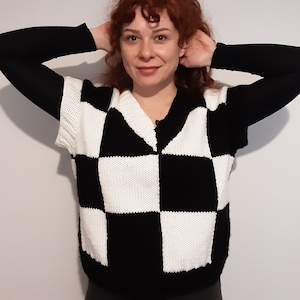 Hand- knitted Wednesday Addams Jenna Vest Black and White Blocked Sweater