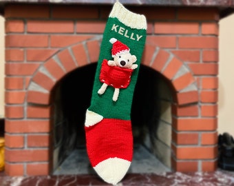 Personalized Name  Wool Knit Christmas Bear Stockings Handmade Monogram Stockings