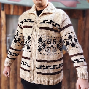 Big Lebowski Cardigan Dude Style Sweater Hand knit Wool Cowichan style men's zipper sweater image 5