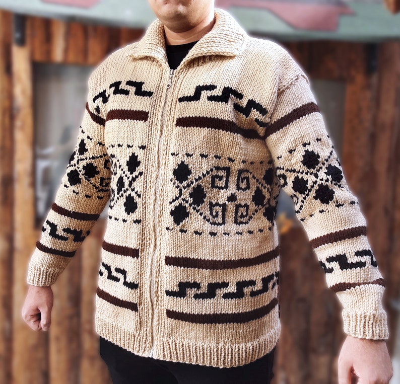 Big Lebowski Cardigan Dude Style Sweater Hand knit Wool Cowichan style men's zipper sweater image 5