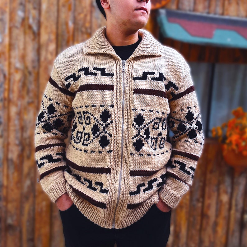Big Lebowski Cardigan Dude Style Sweater Hand knit Wool Cowichan style men's zipper sweater image 3
