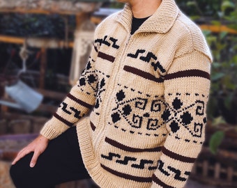 Big Lebowski Cardigan Dude Style Sweater Hand knit Wool Cowichan style men's zipper sweater