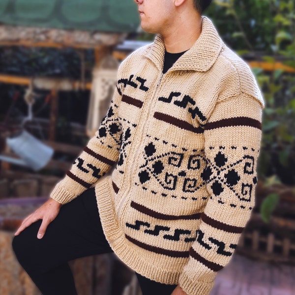 Big Lebowski Cardigan Dude Style Sweater Hand knit Wool Cowichan style men's zipper sweater