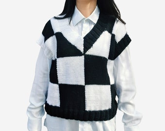 Wednesday Addams Jenna Vest Black and White Blocked Hand- knitted Sweater