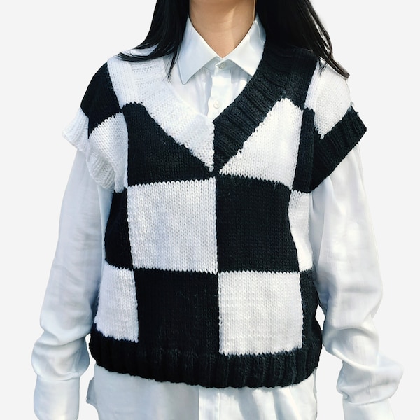 Wednesday Addams Jenna Vest Black and White Blocked Hand- knitted Sweater