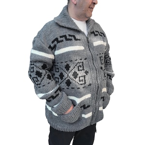 Big Lebowski Grey Cardigan Dude Style Sweater Hand knit Wool Cowichan style men&#39;s zipper sweater
