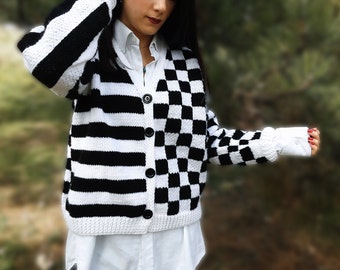 Wednesday Addams Jenna Hand knitted Vest Black and White Blocked Sweater