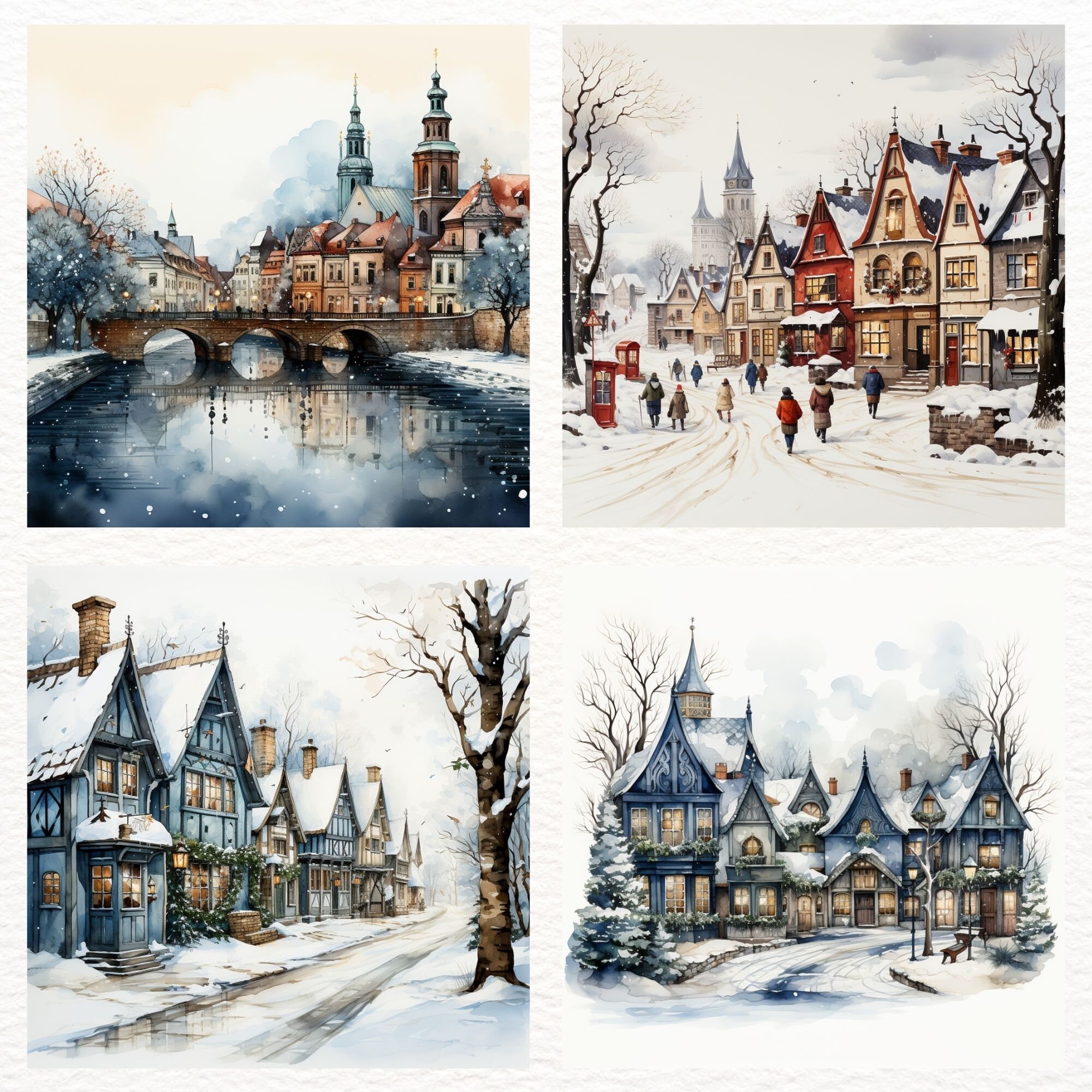 Winter Village Scene Clipart, 15 High Quality JPG, Watercolor Art ...