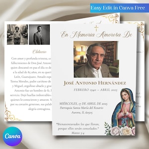 May include: A memorial card with a photograph of a man, Spanish text, and a religious illustration. The card includes the name José Antonio Hernández, dates, and a quote from Matthew 5:4. The design features gold decorative elements.