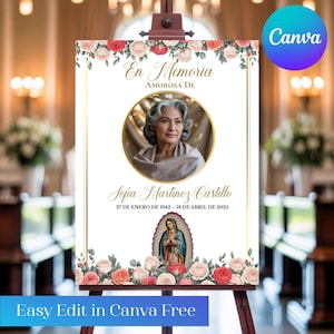 Spanish Funeral Welcome Sign | En Memoria De Funeral Memorial Sign | Editable Memorial Poster| Spanish Funeral Sign | Virgen de Guadalupe
