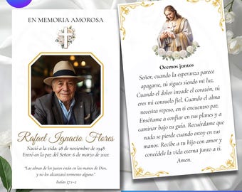 Op de afbeelding: Een Spaanse gebedskaart voor een begrafenis met een foto van een man en tekst. De kaart bevat de tekst "En Memoria Amorosa" en een gebed. De woorden "Spanish Funeral Prayer Card" staan onderaan.
