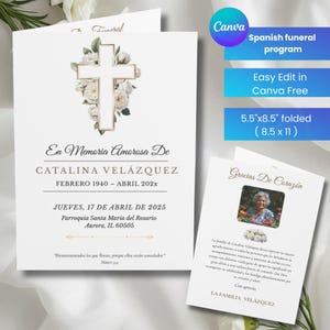 Pode incluir: Um programa fúnebre branco com um design de cruz e floral. O programa inclui o nome de Catalina Velázquez, datas e detalhes do serviço. O programa é dobrado 14 cm x 21,6 cm.