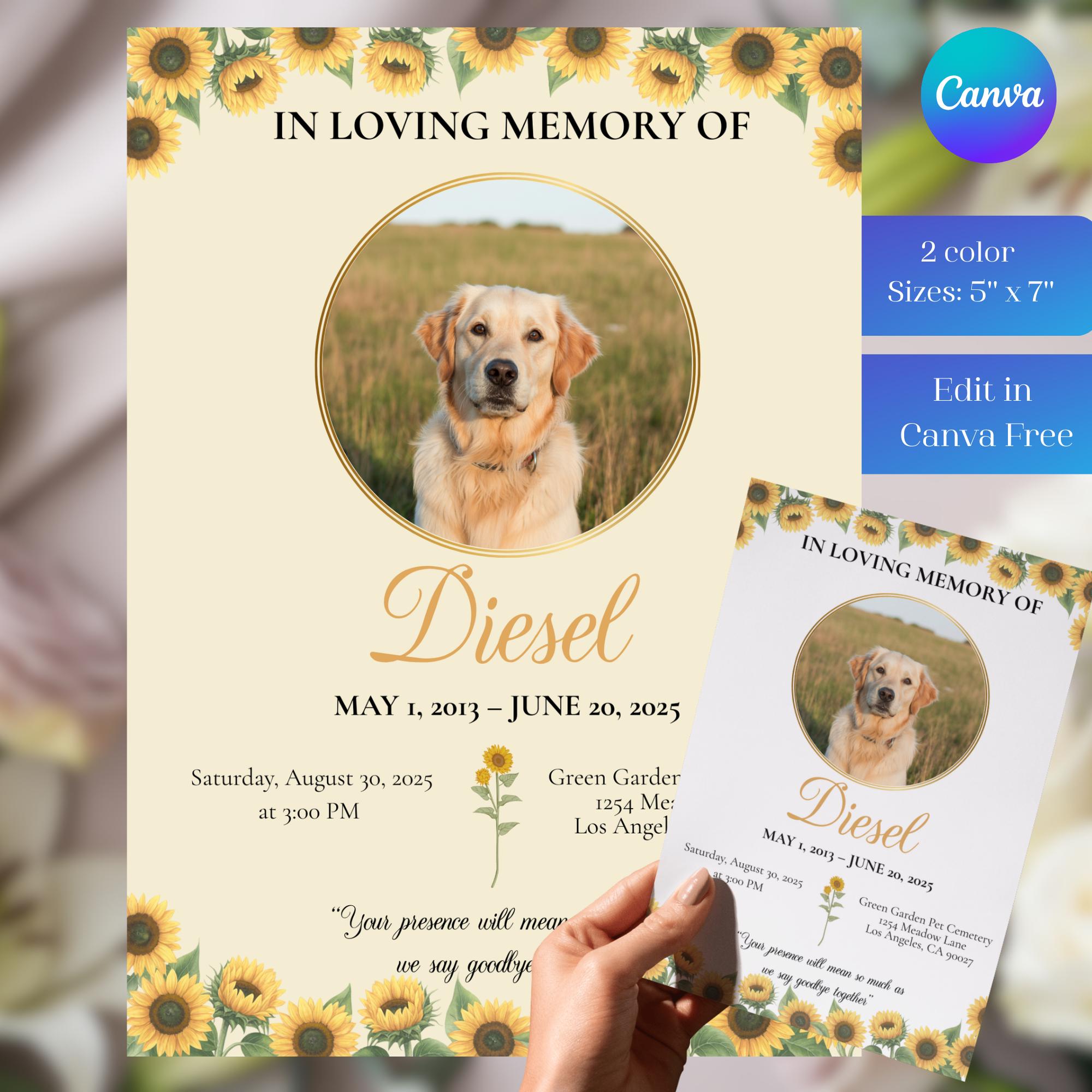 Sunflower Pet Memorial Card: Dog Funeral Invitation Template, 5x7