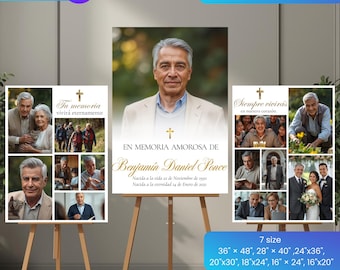 Modèle modifiable de plaque de bienvenue espagnole pour funérailles | Affiche commémorative| Funérailles Bienvenida Español | Lot numérique pour collages de photos