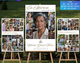 Modèle modifiable de plaque de bienvenue espagnole pour funérailles | Affiche commémorative | Imprimable Bienvenidos Celebration of Life | Lot de collages de photos funéraires