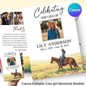 Editable Cowgirl Western Funeral Program Template | Editable Western Memorial Template | Rustic Country Obituary | Horse Funeral Program