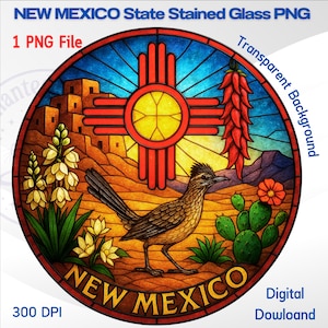 New Mexico målat glas PNG, Zia Sun, Roadrunner (digital nedladdning)