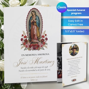 May include: A white funeral program with a gold border, featuring a portrait of the Virgin Mary surrounded by flowers. The text reads "In Loving Memory" and includes the name "José Martinez" and dates. The program is 5.5"x8.5" folded.