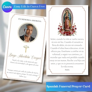 Puede incluir: Tarjeta de oración fúnebre española con foto de un hombre y oración a la Virgen María. La tarjeta incluye el texto "EN MEMORIA AMOROSA" y "Diego Sebastián Vargas". La tarjeta está diseñada con un borde floral.
