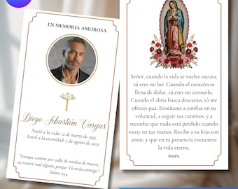 Può includere: Biglietto di preghiera funebre spagnolo con foto di un uomo e preghiera alla Vergine Maria. Il biglietto include il testo "EN MEMORIA AMOROSA" e "Diego Sebastián Vargas". Il biglietto è decorato con un bordo floreale.