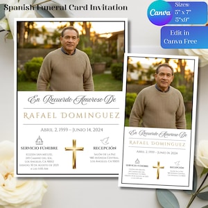 May include: A Spanish funeral card invitation with a portrait of a man in a beige sweater. The card includes the text "En Recuerdo Amoroso De" and the name "Rafael Dominguez" with dates. Additional text includes service and reception details.