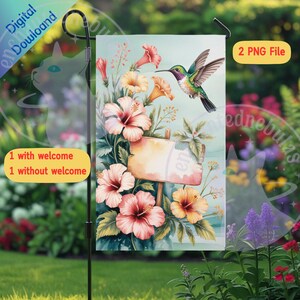 Bandera de jardín de colibrí, añadir texto, diseño de sublimación PNG, decoración de bandera de 30 x 45 cm, bandera de jardín conmemorativa, pancarta de jardín sublimada