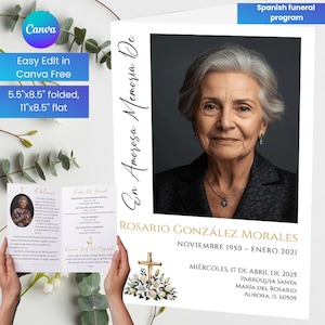 Könnte beinhalten: Ein spanisches Trauerprogramm mit einem Porträt von Rosario González Morales, geboren November 1950, gestorben Januar 2021. Das Programm ist 14 cm x 21,6 cm gefaltet, 28 cm x 21,6 cm flach, mit dem Text "En Amorosa Memoria De".