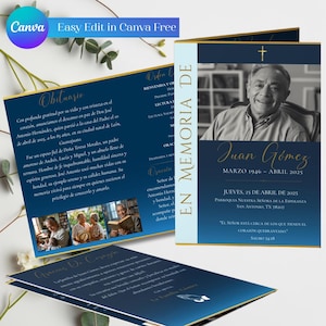 May include: A navy blue memorial card with gold detailing, featuring a photograph of a man and text. The card includes the text "In Memory Of" and the name "Juan Gómez" with dates. The text "Easy Edit in Canva Free" is also visible.