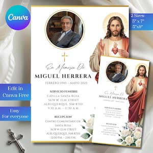 May include: A memorial card design featuring a portrait of a man, a religious image, and text. The card includes the name "MIGUEL HERRERA", dates, service details, and the text "En Memoria De". Available in 5" x 7" and 5" x 9" sizes.
