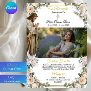 May include: A memorial card featuring a photograph of a woman, floral and dove decorations, and Spanish text. The card includes the text "En Recuerdo Amoroso De Doña Carmen Rivas" and details for a funeral service and reception.